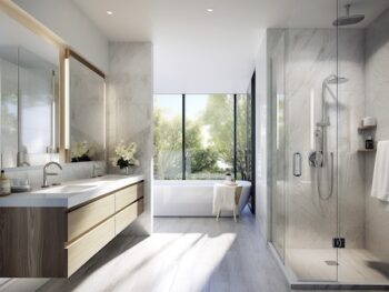Airy Contemporary Bathroom, Spacious Shower, Refined Porcelain Tiles, State Of The Art Chrome Showerhead, Clean Lined Vanity, Generative Ai