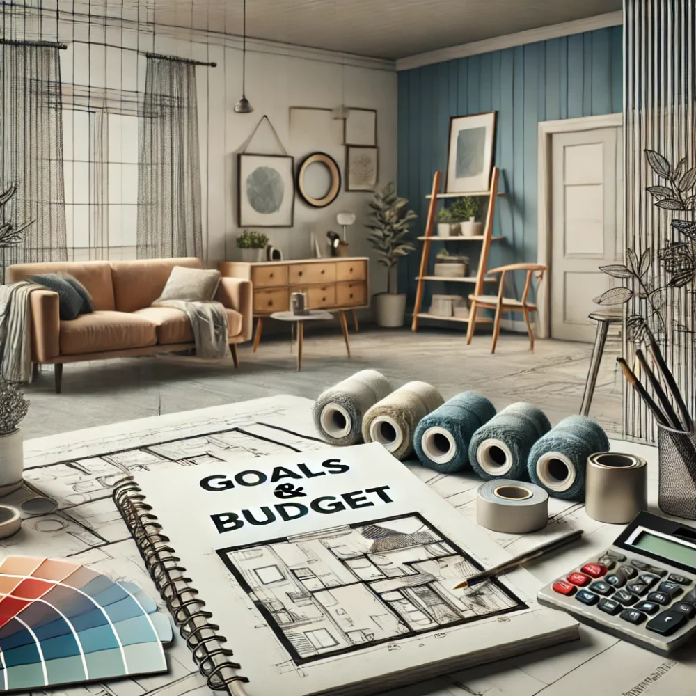 A Conceptual Image Representing Home Renovation Goals And Budgeting. The Scene Features A Stylish Home Interior With A Blueprint Spread Out On A Table