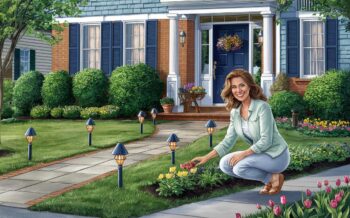 A smiling woman kneeling in a lush garden, planting flowers alongside a well-maintained pathway and decorative lighting.