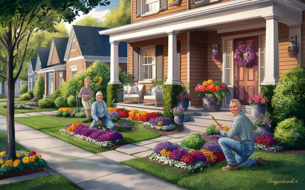 Two people gardening in front of a house to improve curb appeal