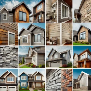 A Collage Of Different Types Of Exterior Siding On Homes. Include Examples Such As Wood Siding, Vinyl Siding, Fiber Cement Siding, Stone Veneer Siding